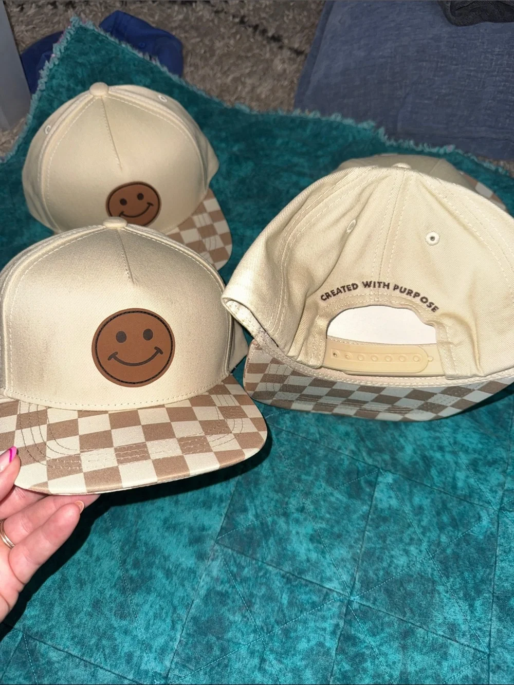 ACME Cream Checkerboard Brim Kids Snapback Hat with Brown Smiley Patch